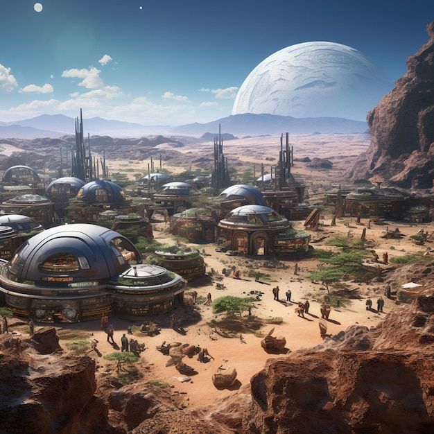 Photo a frontier settlement on an alien world