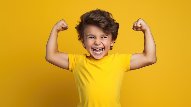 Frontportret van een kleine moedige jongen die zijn vuisten omhoog houdt en zijn biceps laat zien, gemaakt met Generative Al-technologie