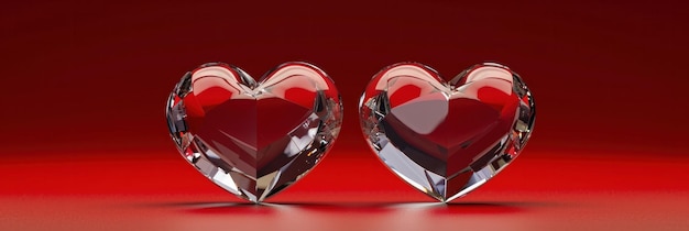 минималистская композиция с кристаллическими сердцами на ярко-красном фоне