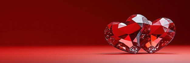 минималистская композиция с кристаллическими сердцами на ярко-красном фоне