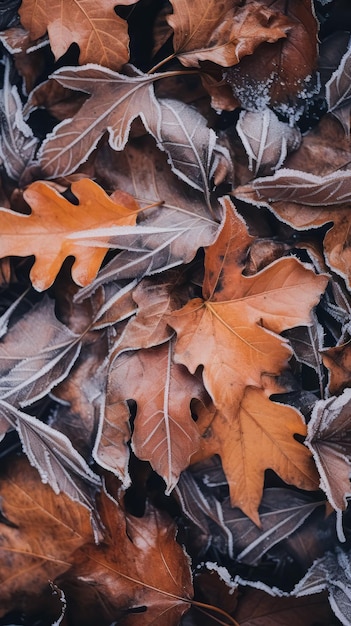 Frost covered closeup autumn leaves beautiful background Cold weather frozen winter seasonal scene