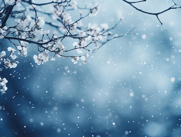 Photo frost covered tree branch in the forest on a blurred background during a snowfall generative ai