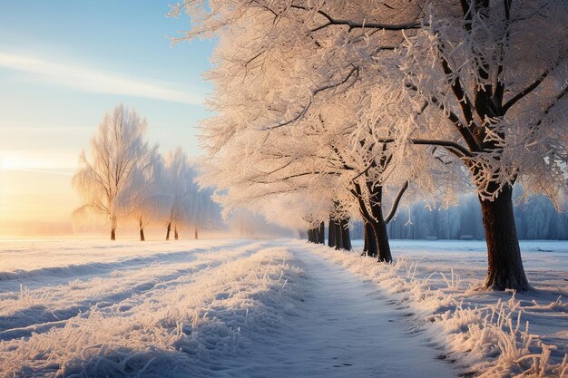 Frost covered trees at sunrise