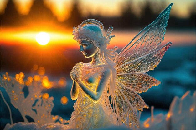 Photo a frost fairy with wings and wings is illuminated by the setting sun.