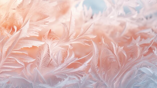 Photo frost feathers in warm light on glass