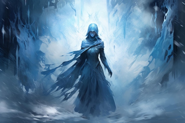 Photo frost mage capable of freezing enemies in their tracks and summoning blizzards of ice generative ai
