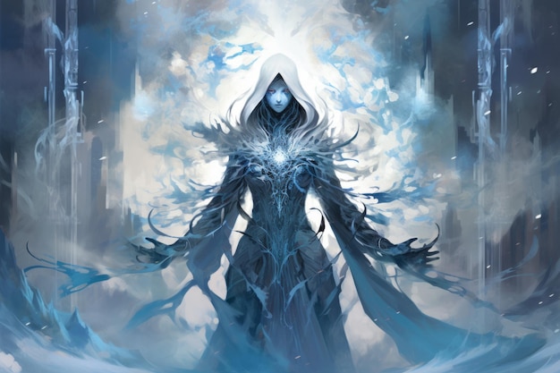 Frost mage capable of freezing enemies in their tracks and summoning blizzards of ice Generative AI