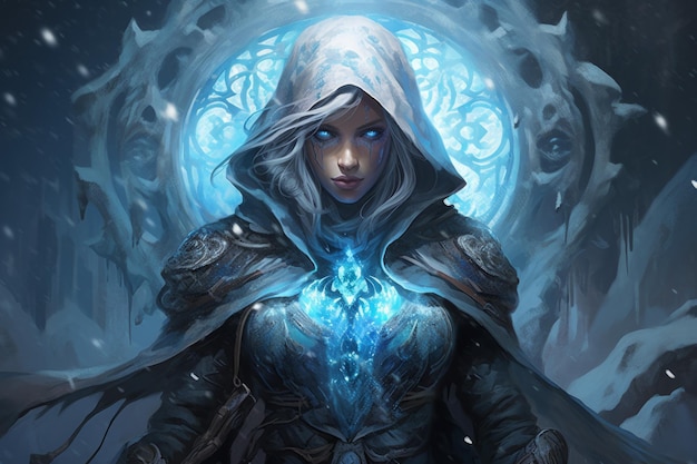 Frost mage capable of freezing enemies in their tracks and summoning blizzards of ice Generative AI