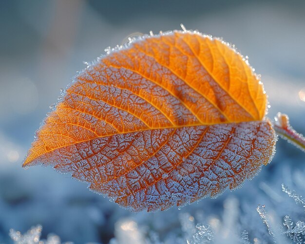 Frost patterns on a leaf in early morning