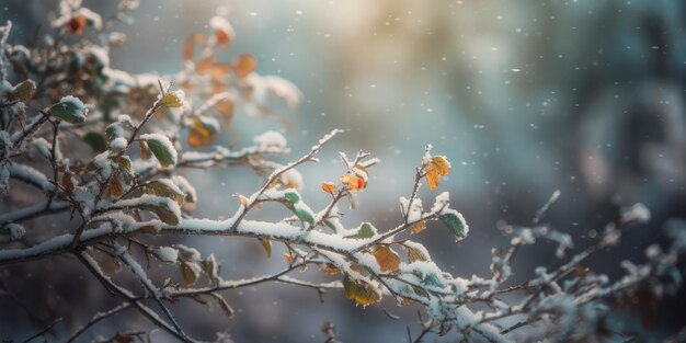 Photo frost and snow on tree branches forest tree autumn leaves covered in first snow winter background