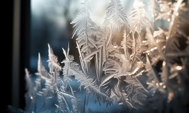 Frost on a window with a blue background