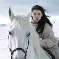 Photo frostbound elegance rooney mara embraces the wild as a snowclad vision on a white stallion