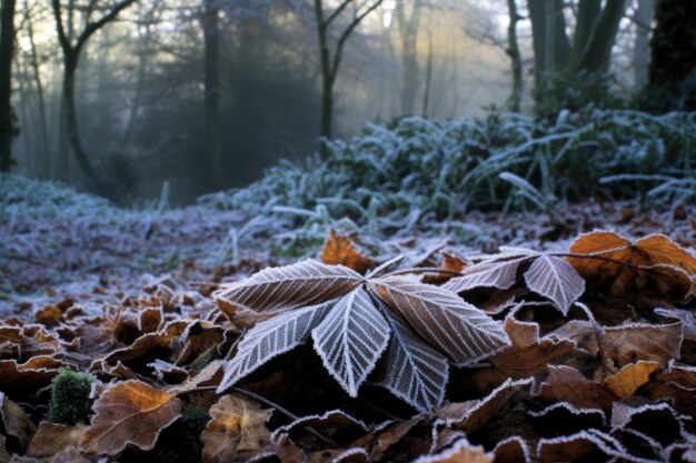 Frostcovered leaves lying on the forest floor created with generative ai