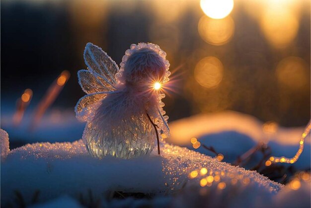 太陽を背にした雪の中で曇った天使