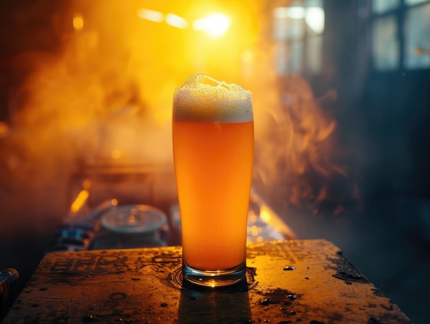 A frosted beer glass sitting on a wooden table reflecting the environment around it