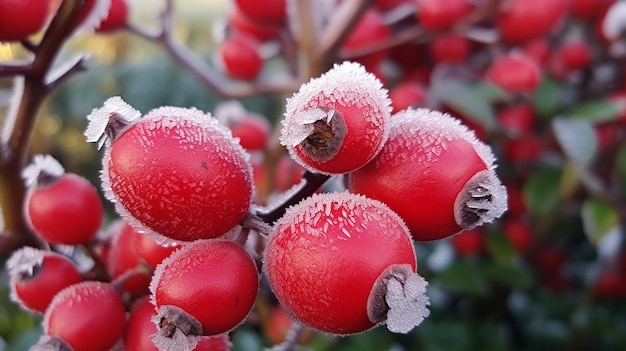 frosted fresh red rose hips in the garden