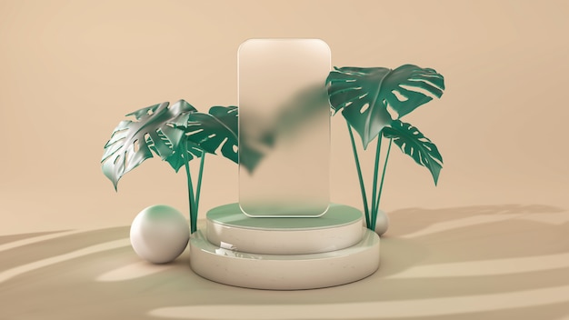 Frosted glass frame of a phone template application on podium. 3D Illustration. Front view. Marble cylinder scene with monstera leaves isolated on background.