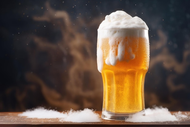 Frosted glass with light beer and foam