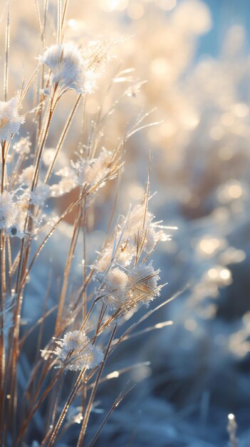 冬の日の出の草原の曇った草
