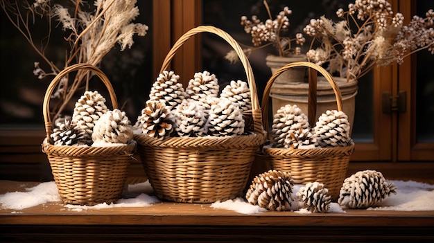 Frosted pinecones in woven baskets