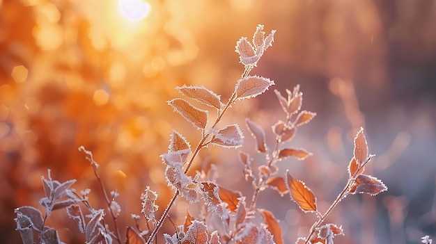 Frosted plants in the autumn forest at sunrise