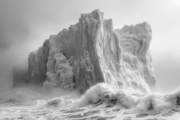 Фото Под туманным небом из бурных океанских вод поднимается замороженная скальная формация