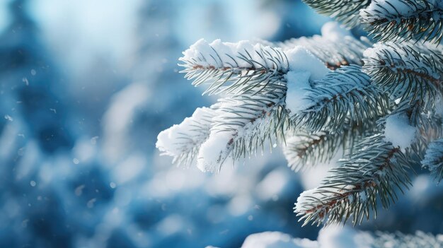 A frosted spruce branch against a snowy blurred winter backdrop