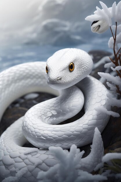 氷のテーマモックアップ 白いヘビのクローズアップ 南極の生息地 氷の風景 コンパクトな体格