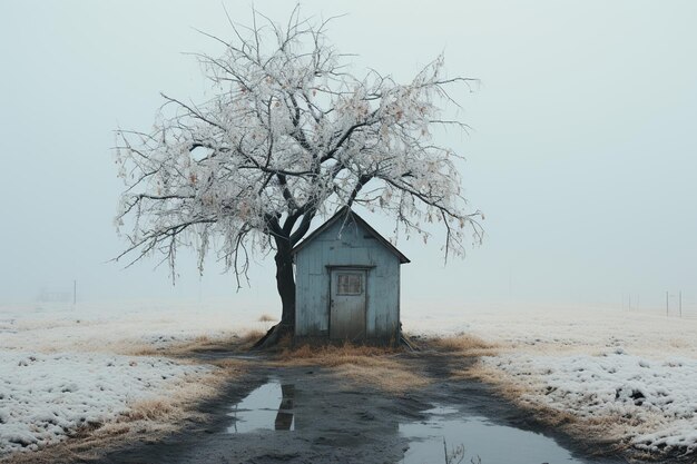 Frosted Tree en Shed in Misty Winter Field Generatieve AI