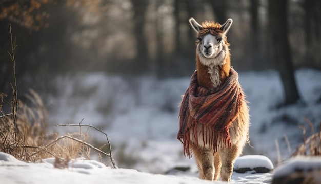 Frosty alpaca poseert voor schattig winterportret gegenereerd door AI