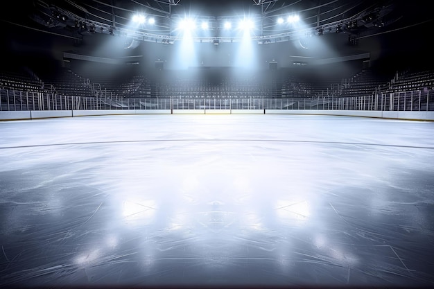 Frosty Arena Empty Ice Rink Illuminated by Spotlights Creating a Wintry Scene of Snow and Ice