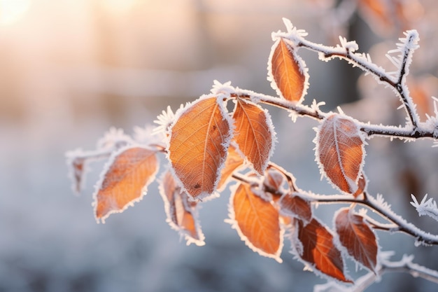 Frosty autumn leaves on branch