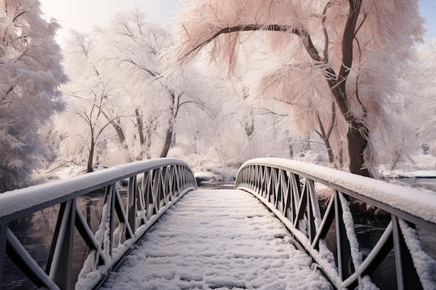 Frosty beauty Botanical garden winter landscape bridge over frozen water snow covered trees