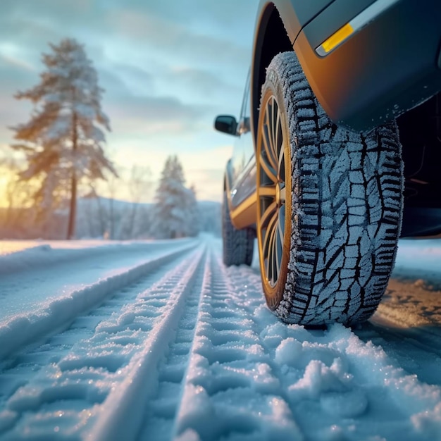 Foto frosty defense ruota di auto coperta di neve che promuove la guida sicura e sicura per i social media post size