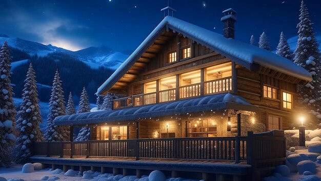 A frosty evening in a mountain resort illuminated house in snowy landscape