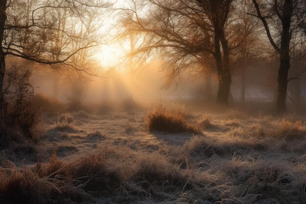 A frosty field with trees in the background