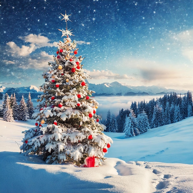 Холодная ель украшает рождественскую елку в горном пейзаже
