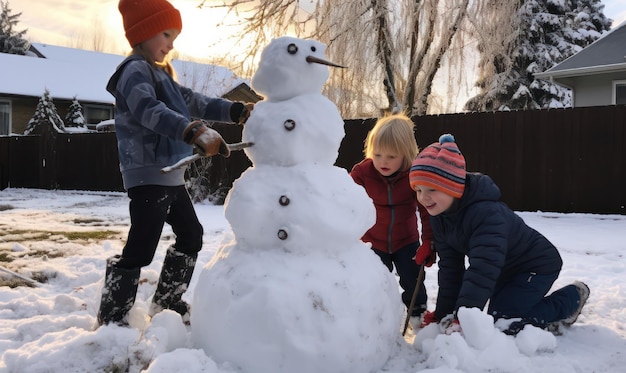 Фото Снежные друзья дети с радостью строят снеговика захватывая волшебство зимней игры