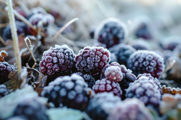 Frosty frozen blackberries up close