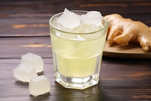 Frosty glass of ginger ale on a wooden table