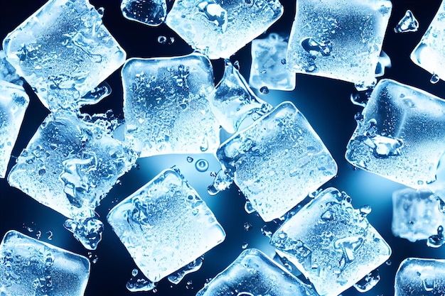 Frosty ice cubes backgroundicy solid pieces for drink ad with clean square blocks crystal ice blocks frame isolated border of blue transparent frozen water cubes
