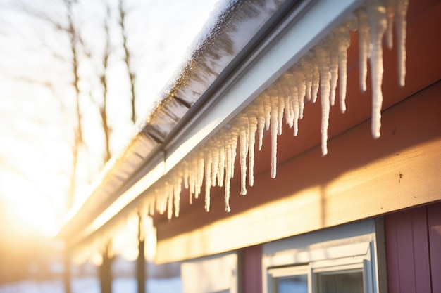 Frosty ijsjes verlicht door de ochtendzon op een dak