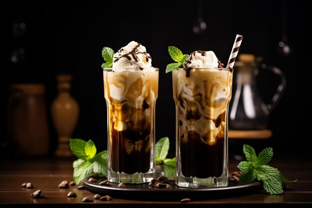 Frosty Indulgence Tempting Iced Coffee Delights Adorned with Cream Sugar Pieces Mint and a Stra