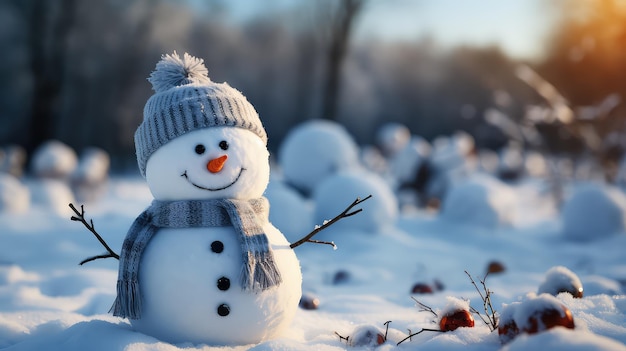 Frosty Landscape with Snowman and Bokeh Christmas