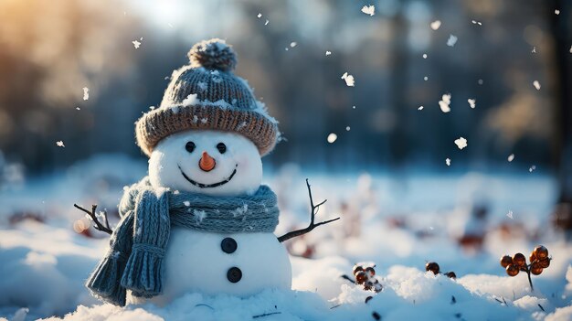 Frosty Landscape with Snowman and Bokeh Christmas