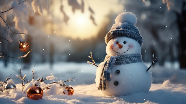 Frosty Landscape with Snowman and Bokeh Christmas