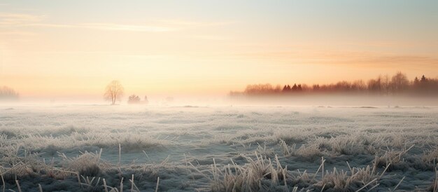 Photo frosty meadow at sunrise panoramic image