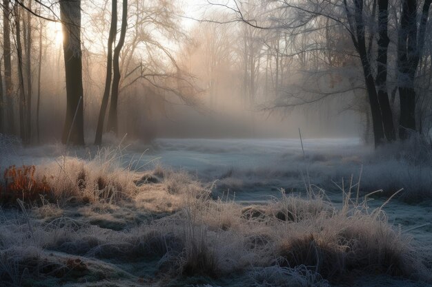 Frosty morning in forest with mist rising from the ground created with generative ai