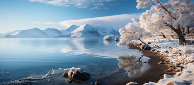 Frosty morning on the shore of lake Baikal