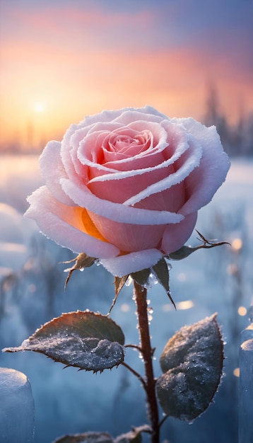 Frosty morning tea rose beautiful background